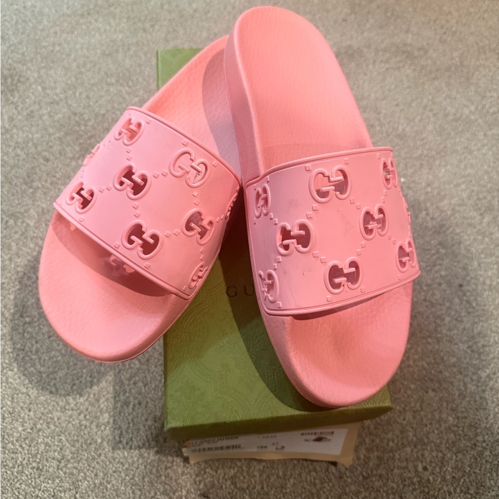 Gucci Pink Embossed GG Slide Sandals